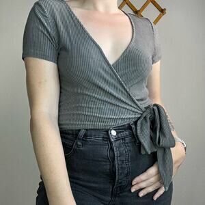 Free People Gray Ribbed Wrap Shirt Small